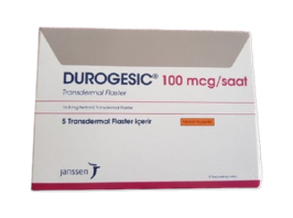 Box of Durogesic Fentanyl 100mcg patches by Janssen for chronic pain management