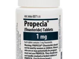Bottle of Generic Finasteride 1mg tablets (Propecia) for hair regrowth